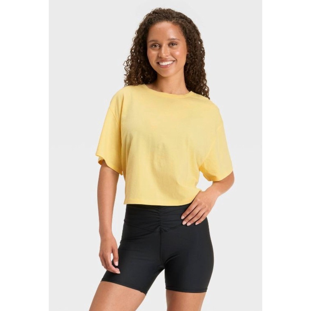 JoyLab Women's Boxy Open Back Cropped Short Sleeve Workout Top Yellow Size Large